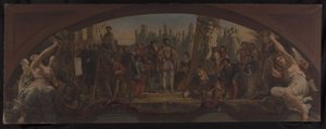 Louvren Denon-paviljongin luonnos: Les quatre âges de la vie artistique en France - Château de Fontainebleaun suunnitelmien esittely Frans I:lle, noin 1864 (öljy kankaalle). tekijältä Charles Louis Lucien Muller