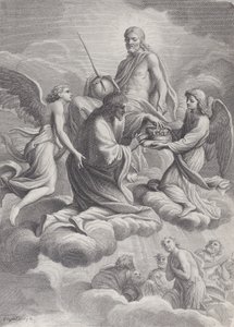Pyhä Ludvig Ranskalainen vastaanotti taivaaseen Kristuksen ja kahden enkelin kautta, jotka tarjoavat hänelle n..., 1671-80.