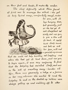 Alice pitelee strutsiaan, kuvitus Alices Adventures Under Groundista, pub. 1886 (faksimile) tekijältä Charles Lutwidge Dodgson