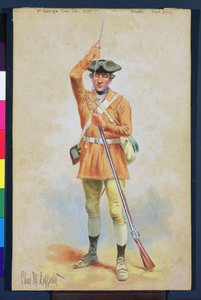 Amerikan vallankumouksen univormut: 1777 Georgian 1. mannerjalkaväen yksityinen kenttäpuku (guassi ja wc paperilla) tekijältä Charles MacKubin Lefferts