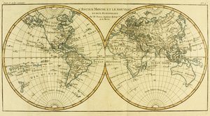 Maailman kartta kahdella pallonpuoliskolla, Guillaume Raynalin (1713-96) Genevessä 1780 julkaistusta Atlas de Toutes les Parties Connues du Globe Terrestrestä