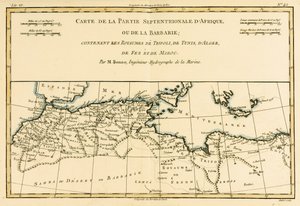 Pohjois-Afrikka, mukaan lukien Tripolin, Tunisin ja Algerin kuningaskunnat; Fez ja Marokko, Guillaume Raynalin (1713-96) Atlas of All Known Parts of the Globe Terrestre, julkaisi Geneve, 1780 (väri