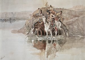 Native American "War Party" (akvarelli paperille) tekijältä Charles Marion Russell