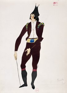 Puku Gioacchino Rossinin Sevillan parturi -sarjan Fiorellon hahmolle, luonnos Charles Martin (1884-1934)