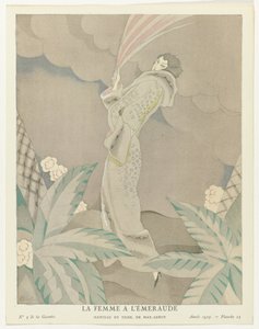 Gazette du Bon Ton 1923, nro 5, pl. 23: Emerald Woman - Tiger-takki, kirjoittanut Max-Leroy (otsikko esineessä) tekijältä Charles Martin