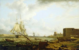 Kolmannen luokan Britannian kuninkaallisen laivaston sota-alus saapuu Port Mahoniin (Espanja), oikealla pieni vene, joka kuljettaa upseereita telakalle.