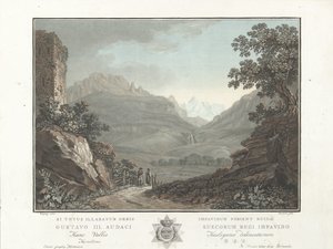 Berglandschap Zveitsissä Näkymä Oberhashin laaksoon (otsikko esineessä) Merkittävät näkymät Sveitsin vuorille (sarjan nimi) tekijältä Charles Melchior Descourtis