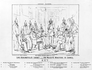 Lordi Beaconsfieldin kabinetti 1874 - Hänen Majesteettinsa ministerit neuvostossa, Henry Lemonin painatus, 1880 (kaiverrus)