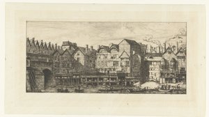 Turkistalojen takajulkisivut Seinen varrella lähellä Pont-au-Changea Pariisissa Osa Pariisista 1600-luvun lopulla Partie de la cité vers la Fin du XVIIe siècle tekijältä Charles Meryon
