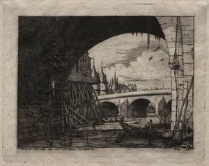 Pariisin etsaukset: Notre Damen sillan kaari, 1853. tekijältä Charles Meryon