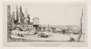 Jalankulkusilta korvaa väliaikaisesti Exchange Bridgen Pariisissa vuosien 1621 ja 1860 palon jälkeen. tekijältä Charles Meryon