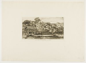 Alkuperäiskansojen latoja ja majoja Akaroassa, Banksin niemimaalla, 1845. tekijältä Charles Meryon