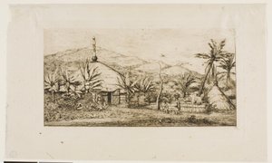 Uusi-Kaledonia: Suuri alkuperäiskota tiellä Baladesta Puépoon, 1845 tekijältä Charles Meryon