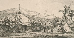 Uusi-Kaledonia, Uusi-Kaledonia: suuri alkuperäiskota Poepon kävelytiellä, kuva teoksesta "Etching of the Pacific...", 1863 tekijältä Charles Meryon