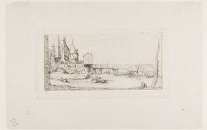 Jalankulkusilta, joka korvaa väliaikaisesti Pont-au-Changen Pariisissa vuoden 1621 palon jälkeen tekijältä Charles Meryon
