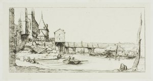 Jalankulkusilta, joka korvaa väliaikaisesti Pont-au-Changen Pariisissa vuoden 1621 palon jälkeen tekijältä Charles Meryon