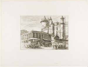 Grand Châtelet, Pariisi, n. 1780, aikaisemman piirustuksen jälkeen tekijältä Charles Meryon