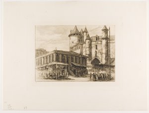 Grand Châtelet, Pariisi, n. 1780, aikaisemman piirustuksen jälkeen tekijältä Charles Meryon