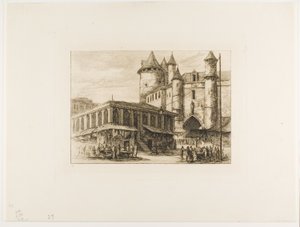 Grand Châtelet, Pariisi, n. 1780, aikaisemman piirustuksen jälkeen tekijältä Charles Meryon