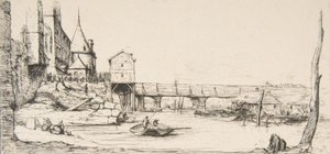 Jalankulkusilta, joka tilapäisesti korvaa Pont-au-Changen Pariisissa vuoden 1621 palon jälkeen, af..., 1860. tekijältä Charles Meryon