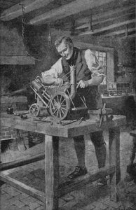 George Stephenson working at a model of his Rocket, the engine which made the railway possible (litho)