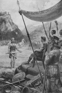 Julius Caesar vastaanottaa lyödyn päällikön alistuksen Galliassa (litho)