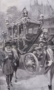 Kuningas Edward VII ja kuningatar Alexandra osavaltion valmentajassa palaamassa kruunajaisistaan Westminster Abbeystä Lontoossa