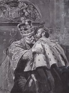 Kuningas Edward VII syleilee poikaansa Walesin prinssiä kuninkaan kruunajaisissa Westminster Abbeyssa Lontoossa
