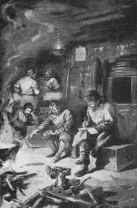 William Barents kirjoittaa päiväkirjaansa viettäessään talven mökissä Nova Zemblalla (litho)