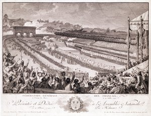 Federaation festivaali, 14. heinäkuuta 1790, Champ de Marsissa, 1700-luvun lopulla, kaiverrus Isidore Stanislas Helman (1743-1809) tekijältä Charles Monnet