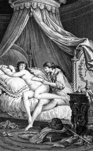 Kuvitus Choderlos de Laclosin "" Les Liaisons vaaraeuses" -kappaleeseen. Kaiverrus Charles Monnet (1732 - 1808): Valmont kirjoittaa kirjettä Emilien (kurtisaani) selkään.