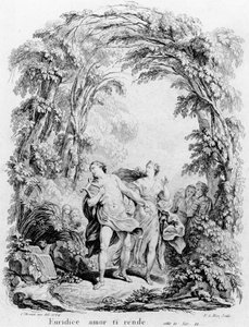 Orpheus johdattaa Eurydiken ulos helvetistä, kuvitus Christoph von Gluckin (1714-87) oopperaan Orpheus ja Eurydice