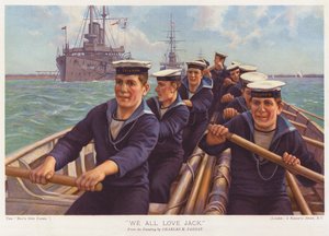 HMS Triumphin merimiehiä soutamassa sataman poikki (värilitografia).