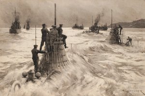Uudet brittiläiset sukellusveneet lähtevät Milford Havenista (Englanti). Piirros ja wash (30,4x45,5 cm), Charles M. Padday () , 1900-luvun alku.