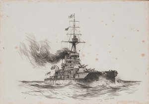 Brittiläinen alus Iron Duke. Charles M. Paddayn () piirustus (25,5x36,8 cm), 1900-luvun alku.