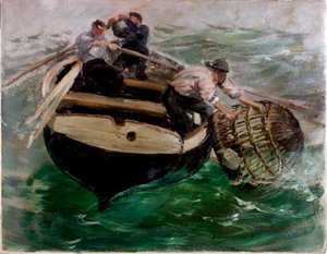 Kuljetus hummeriruukuissa (öljy paperille) tekijältä Charles Napier Hemy