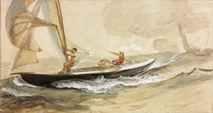 Study of a Racing Yacht (bodycolour ja vesiväri paperille) (Tutkimus kilpapurjeveneestä) tekijältä Charles Napier Hemy