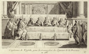 Konferenssi Languedocin katolisen liiton jäsenten esittämistä varten. tekijältä Charles Nicolas II Cochin