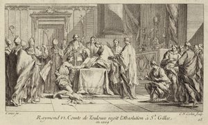 Raymond VI, Toulousen kreivi, nöyrtyy St Gillesin kirkossa saadakseen kirkonkirouksen kumottua.
