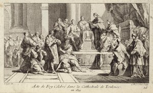 Katuvat kataarit julistamassa uskoaan katoliseen uskontoon Toulousen katedraalissa Ranskassa tekijältä Charles Nicolas II Cochin