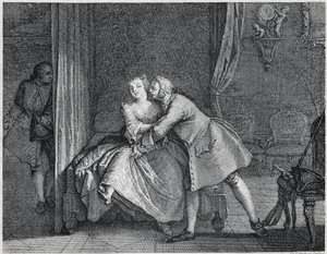 Korvavalmistaja ja muottihyllykuva Les contes de La Fontainen, noin 1743”. kaiverrus Charles-Nicolas Cochin (1715-1790). tekijältä Charles Nicolas II Cochin