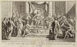 Ranskalainen Charles VIII kuulee Languedocin kansanedustajia Toursin kenraalissa tekijältä Charles Nicolas II Cochin