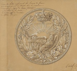 Suunnitelma mitalille vuosien 1830 ja 1830 peruskirjan muistoksi. tekijältä Charles Nicolas Odiot