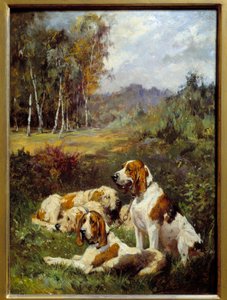 Neljä metsästyskoiraa. Charles Olivier De Pennen (1831-1897) maalaus