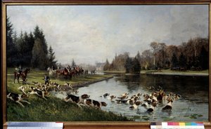 Metsästyskilpailu: "" Hirven hallali Sulvien lammen rannalla, Aumalen herttuan metsästys"" Charles Olivier de Pennen (1831-1897) maalaus 1880 su. 0,77x1,33 m Chantilly, museo Conde - Koirien metsästys: Peuran halloo Sulvien lammen luona, metsästys