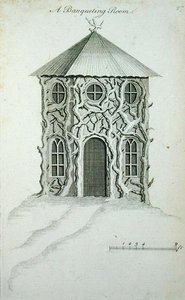 Juhlasali, teoksesta "Ornamental Architecture in the Gothic, Chinese and Modern Taste", julkaistu 1758 (kaiverrus) tekijältä Charles Over