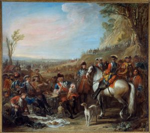 Hevosten selässä olevien kranaatterien pysäyttäminen kuninkaan talosta (1734). Keskellä herra de Creil, komentaja. Charles Parrocelin maalaus (1688-1752)