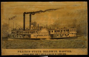 Preerian osavaltio. Baldwin, mestari. Säännöllinen laivapaketti St. Louisista La Salleen Illinois-joella (litografia, värillinen). tekijältä Charles Parsons