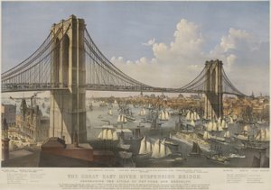 Great East River Suspension Bridge, pubi. 1874, Currier & Ives tekijältä Charles Parsons