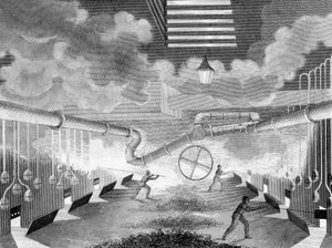 Kaasutehtaan yleiskuva, jossa retorteja ladataan, 1835 tekijältä Charles Partington